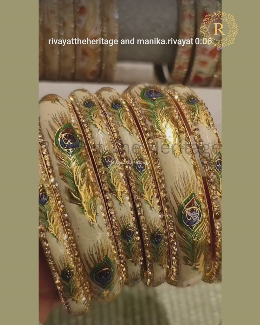 Video showcasing ivory Meenakari bangles with peacock feather enamel work and stone-studded borders from every angle