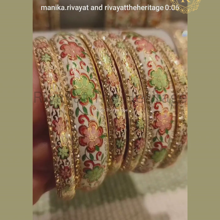 White Meenakari bangle set with floral enamel and kundan work, Rivayat Heritage