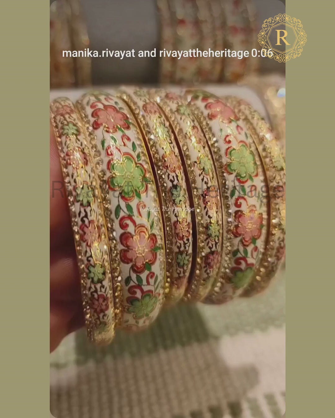 White Meenakari bangle set with floral enamel and kundan work, Rivayat Heritage