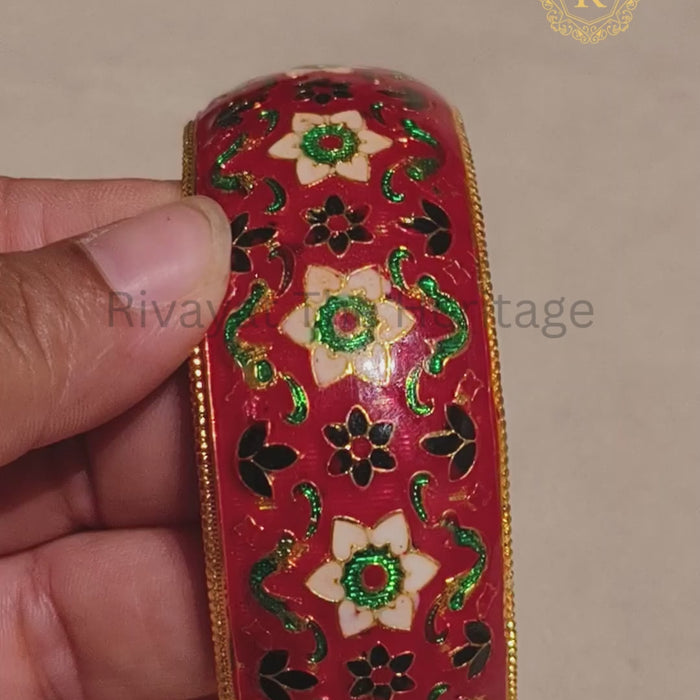 Red floral Meenakari Kada showing detailed enamel work and gold-tone finish