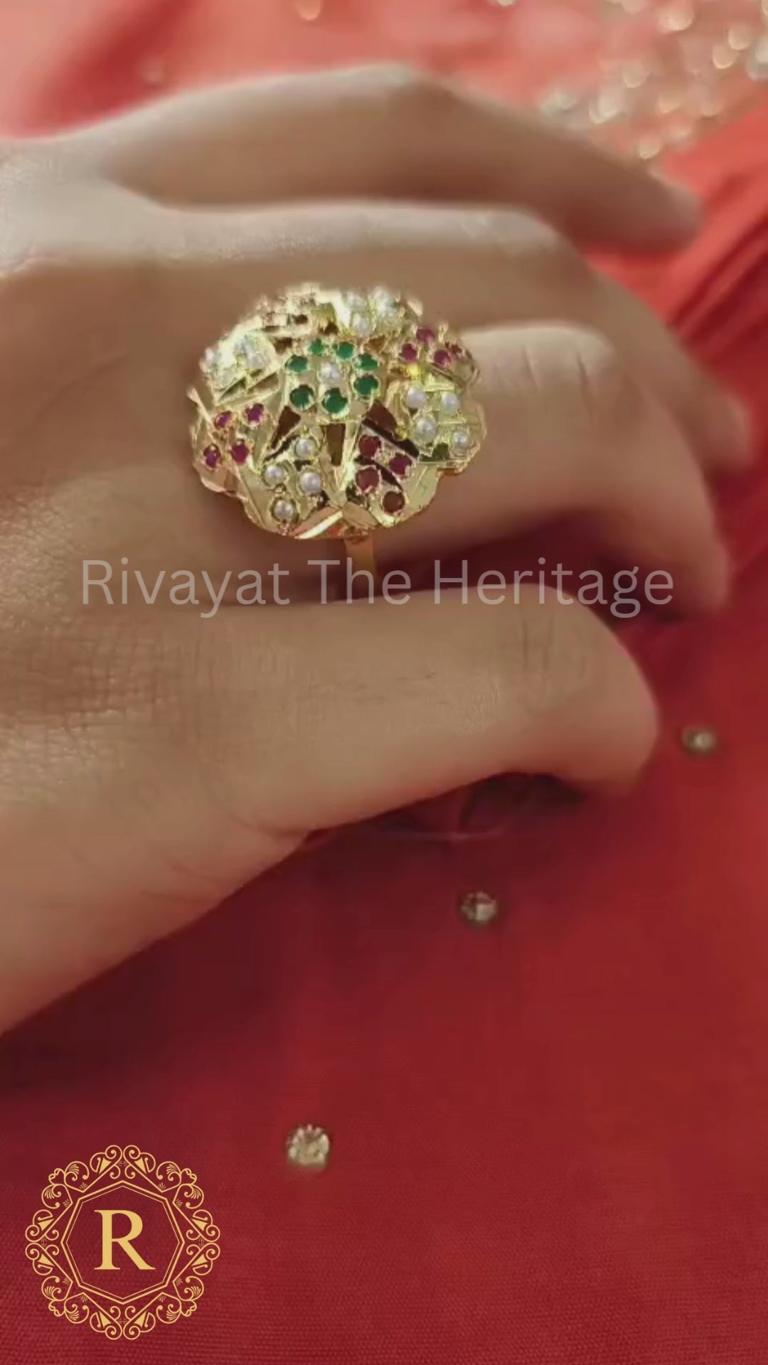 Manika Royal Lotus Jadau Ring | 24K Gold Plated Ruby Emerald Statement Ring | Authentic Indian Bridal Jewelry