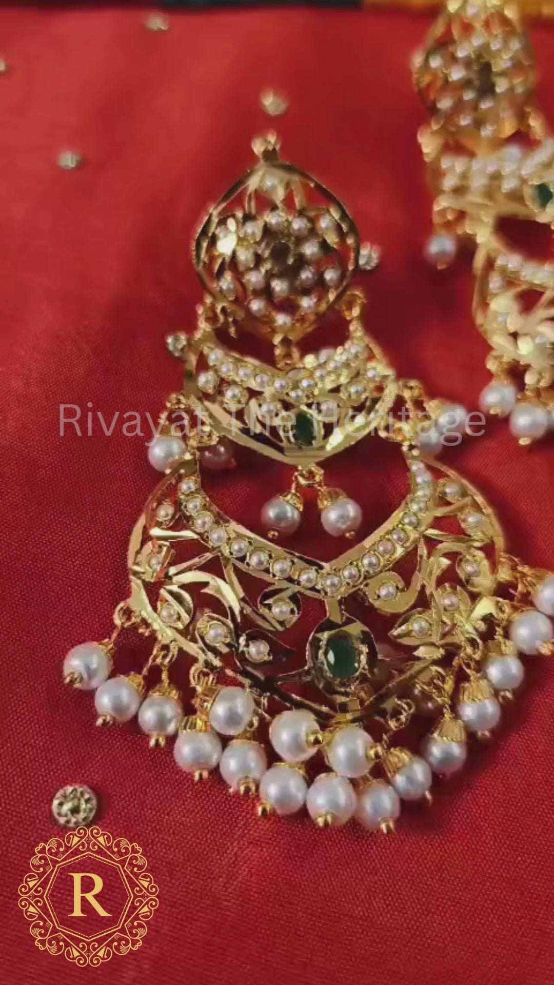 Manika 24K Gold Plated Jadau Chandbali Earrings | Ruby Emerald Pearl | Handcrafted Indian Bridal Jewelry