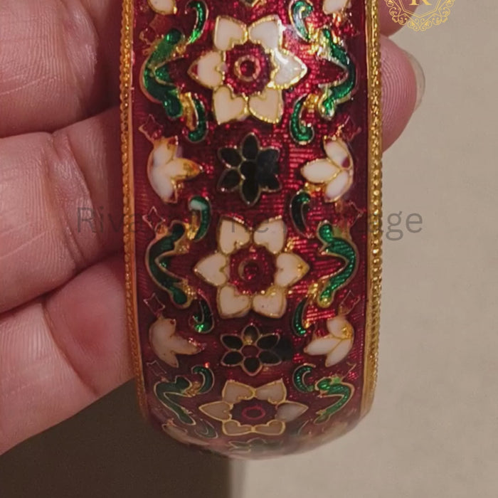 Maroon Meenakari Kada featuring traditional floral enamel work in red green white and black