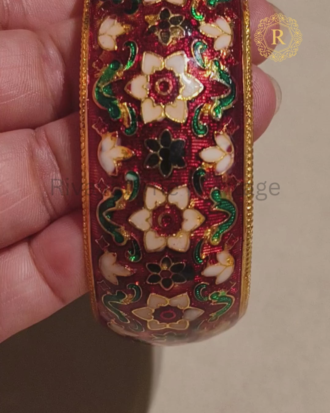 Maroon Meenakari Kada featuring traditional floral enamel work in red green white and black
