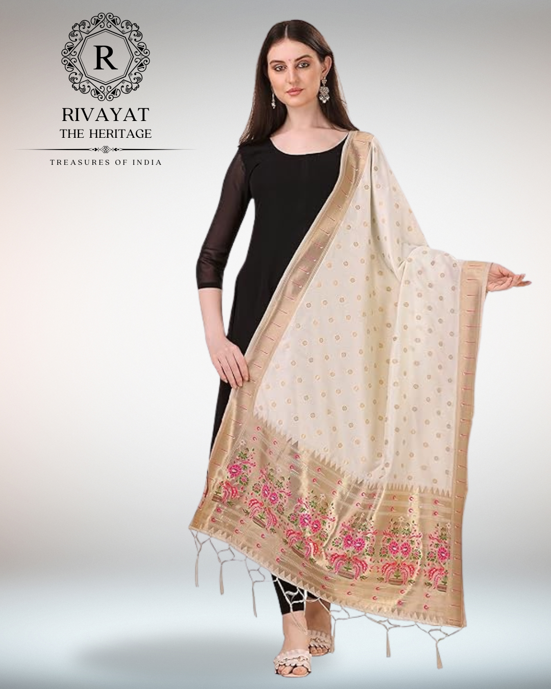 Navdurga - White Paithani Maharashtra Silk Dupatta